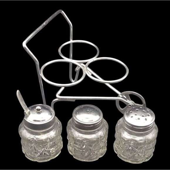 Vintage Condiment Wheelbarrow 3 Clear Cut Glass Containers Shakers & Jam Spoon - Picture 5 of 6